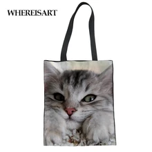 WHEREISART милый кот напечатаны многоразовые продуктовые сумки для покупок Женские повседневные портативные тканевые сумки складные сумки для девочек холщовые сумки
