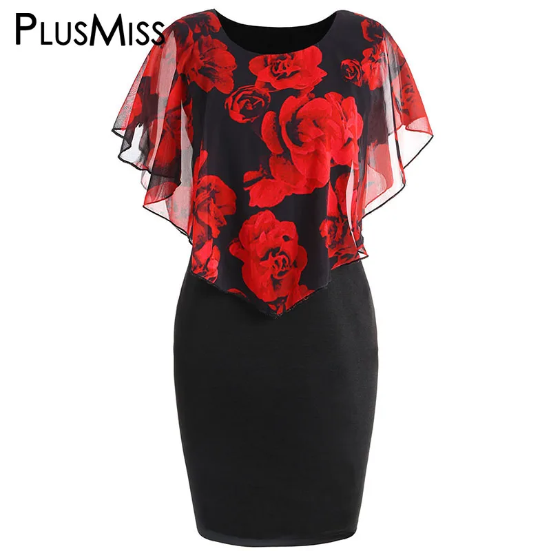 PlusMiss плюс размер 5XL 4XL розовый цветок печати шифоновый плащ платье для женщин