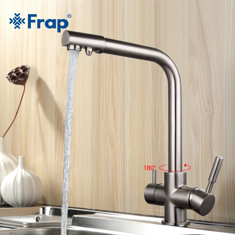 Frap Nickel Brushed Kitchen Faucet Seven Letter Design 360 Degree Rotation with Water Purification Features Double