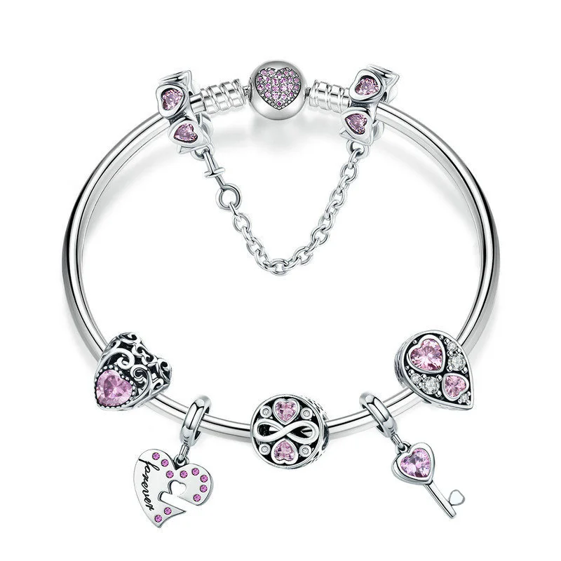 

2019 Popular Love Heart Key Pendant Charms Bracelets Bangle for Girlfriend Original 925 Sterling Silver Beads for Jewelry Making