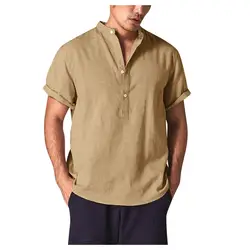 Мужские рубашки с воротником-стойкой с коротким рукавом и пуговицами повседневные топы мужские уличные свободные 2019 летняя дышащая