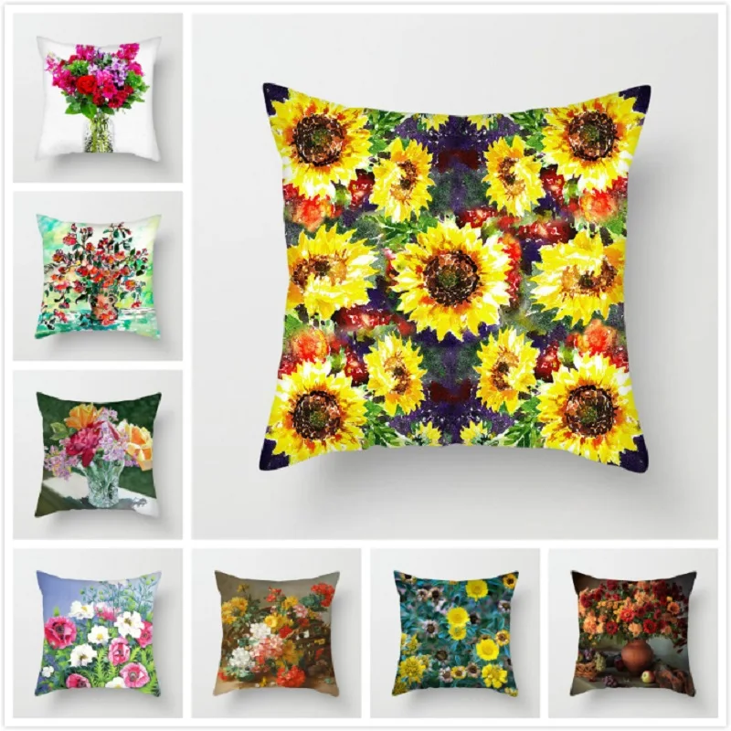 

Fuwatacchi Oil Painting Printed Daisy Cushion Cover Lily Tulip Sunflower Pillow Cover for Home Chair Sofa Decorative Pillows