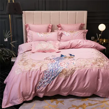 

Premium Luxury 120S Egyptian cotton Embroidered Bedding set Queen King Pink Peacock Duvet cover Bed sheet set Pillowcase 4/6pcs