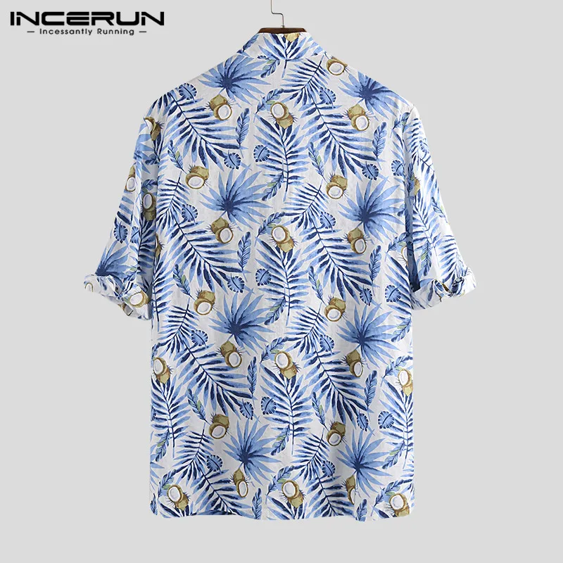 INCERUN Мужская гавайская рубашка с принтом стоячий воротник короткий рукав мужская пляжная тропическая рубашка Повседневный пуловер Camisa 5XL