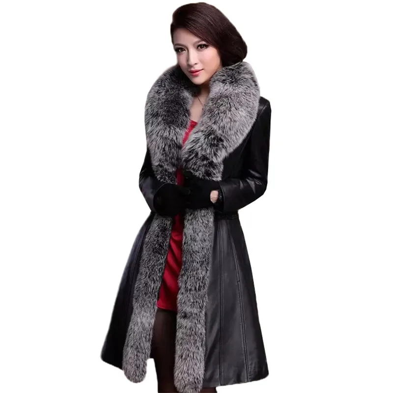 

Women Genuine Leather Coat 2019 Winter New Fox Fur Long Jacket Sheepskin Slim Down Outerwear Large Size Thick Warm Overcoat FC61