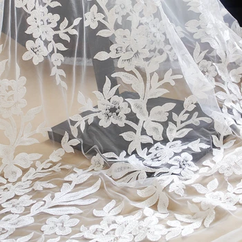 

High-end Elegant Wedding Dress Lace Fabric Sequins Mesh Flower Embroidered Lace Fabric DIY Material Width 130cm 1yard