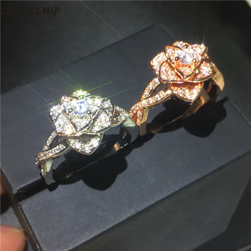 

choucong Elegant Flower Ring 925 Sterling Silver AAAAA Zircon cz Statement Wedding Band Rings For Women Party Jewelry Best Gift