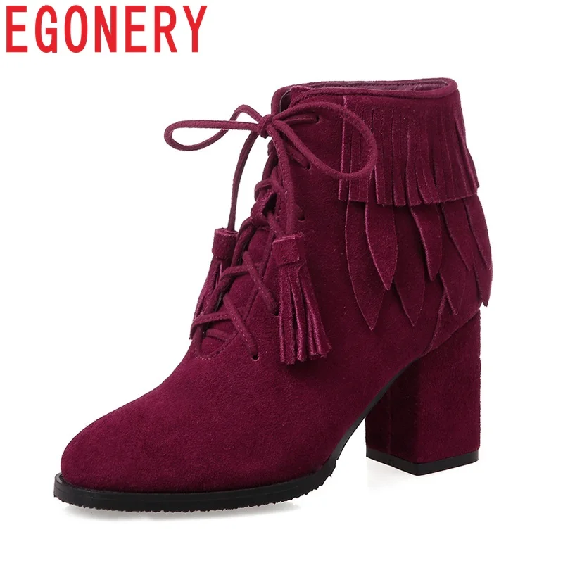 

EGONERY newest hot sale fashion square toe super high square heel platform cow suede lace-up fringe winter warm ankle boots