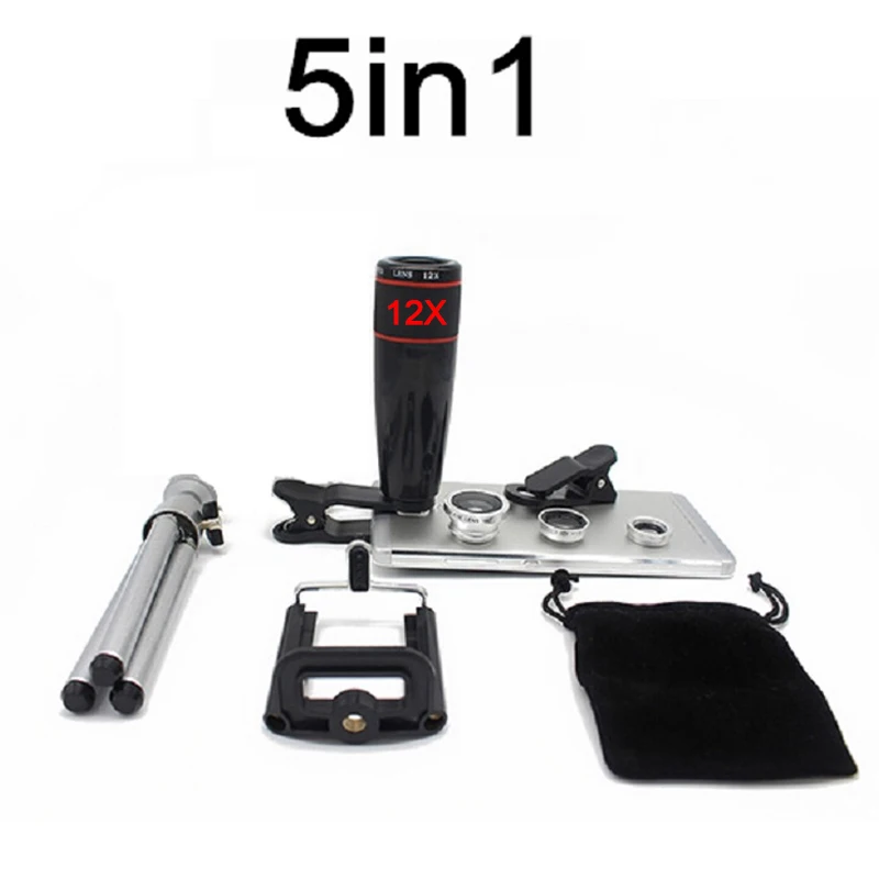 5in1 Universal Clips 12X Zoom Camera Telephoto Lenses 3 in 1 Wide Angle Fish Eye Macro