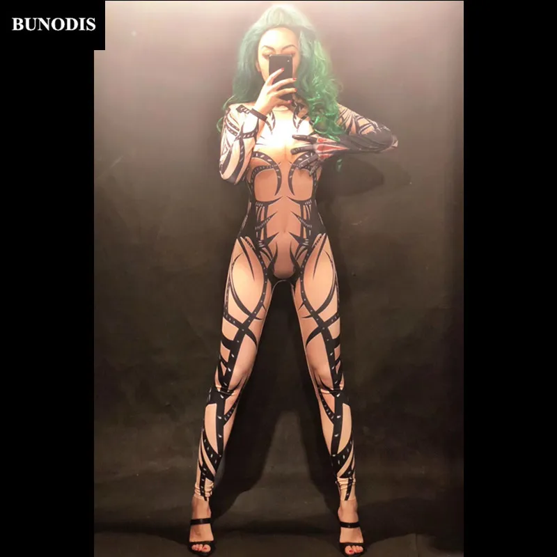 

ZD261 Sexy Skin Color Jumpsuit 3D Printed Black Totem Bodysuit Nightclub Party Celebrate Dancer Singer Stage Wear Customes