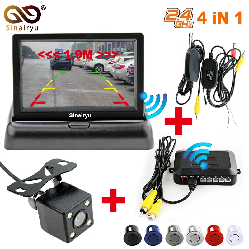 Sinairyu Car Wireless Parking Monitor Video System 4.3 Inch Car Foldable Monitor with Parking sensor and camera Wireless Kit