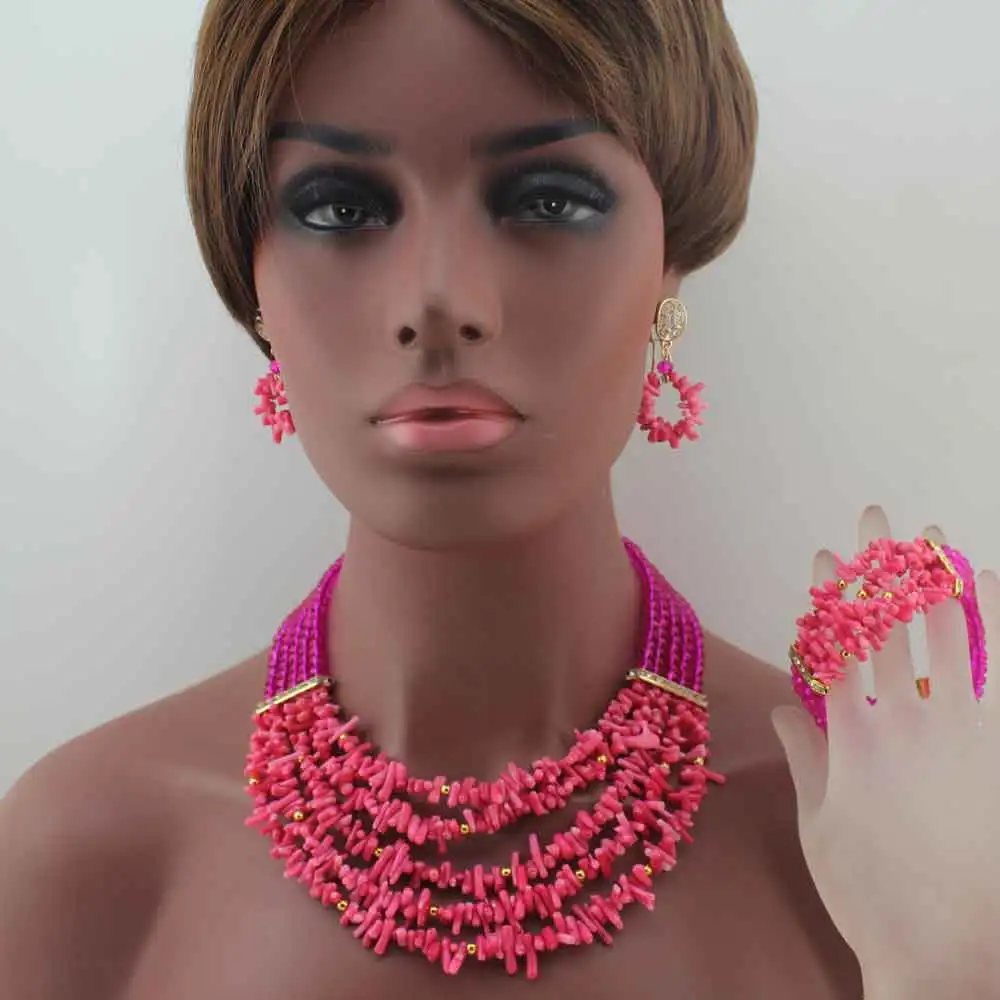 

New Fashion African Beads Jewelry Set Fuschia Pink Coral Beads Bride Jewelry Nigerian Wedding African Beads Jewelry Set W13905