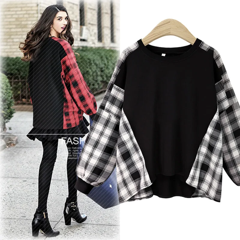 Новые весенне-осенние женские футболки Плюс Размер повседневные свободные с круглым вырезом лоскутные клетчатые Футболки с длинным рукавом для женщин большие Топы