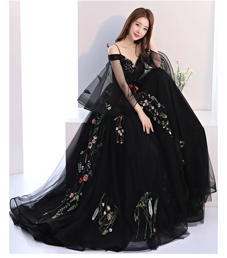 Robe De Soriee/Новинка черные вечерние платья длинное платье с вышивкой и цветами