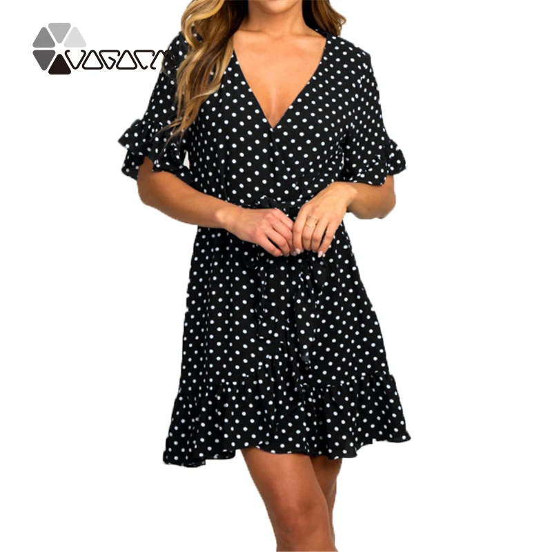 

2019 New Sexy Boho Polka Dots Women Sweet Dress Big size Summer Sashes Robe Dresses Party Club Flare Sleeve Female Vestidos Dres