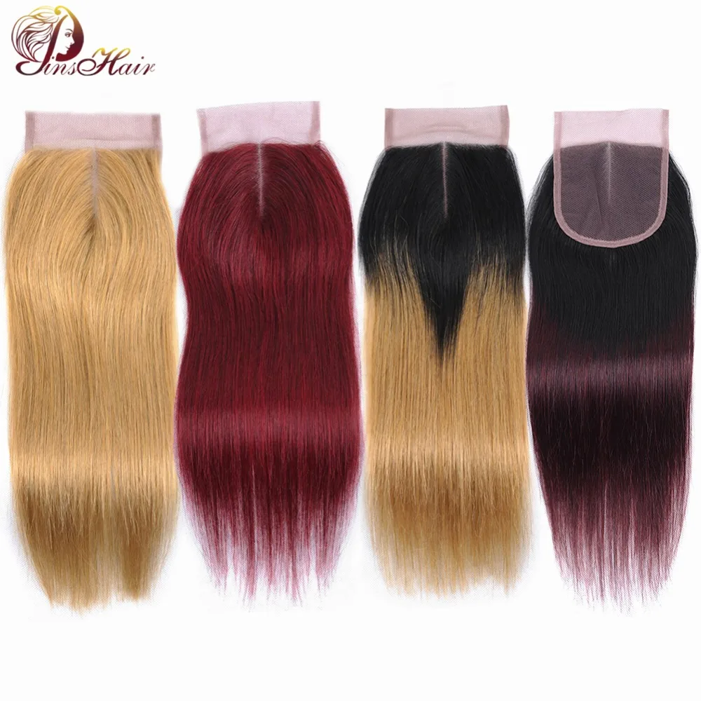 

Pinshair Brazilian 613 Blonde Closure With Dark Roots Human Hair Weave 4*4 Lace Middle Part Closures Straight No Tangle Nonremy