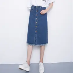 Лето 2019 г. однобортный джинсовые юбки женские Высокая талия плюс размеры карманы джинсы для женщин юбка дамы повседневное трапециевидной