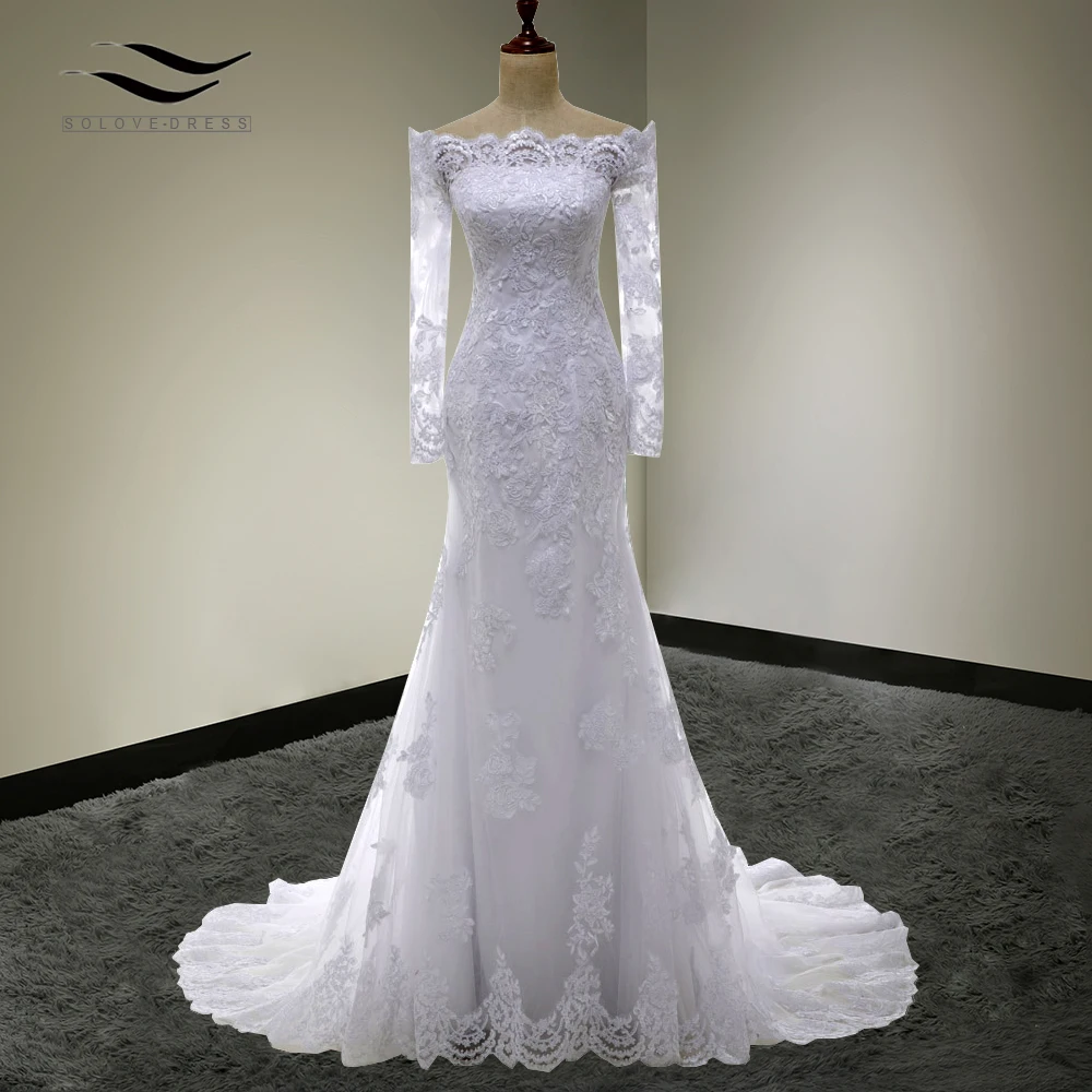 

Solovedress A Line Elegant Appliques Boat Neck Lace Long Sleeves Wedding Dress 2018 Wedding Gown vestido de noiva SLW007