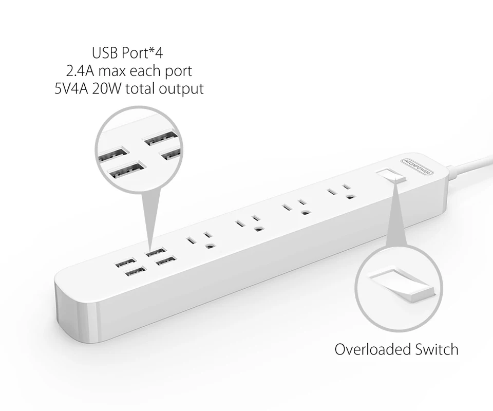 NTON power ODPC USB защита от перенапряжения, силовая лента, штепсельная вилка США 4, розетка переменного тока, 4 порта usb для зарядки с переключателем перегрузки, длинный шнур питания 1,5 м