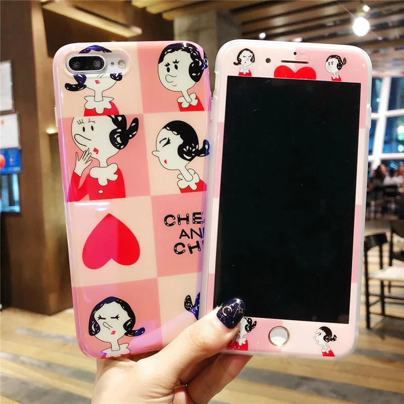 For iPhone 8plus Cute Popeye the Sailor case &ampTempered Glass Screen film X 7 7Plus 8 6 6S 6Splus Blue ray Soft Capa |
