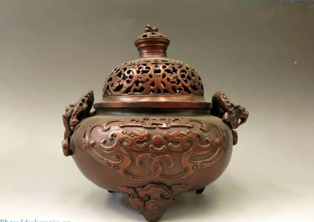 

China bronze censer carved fine red copper seven dragon Incense Burner Statue