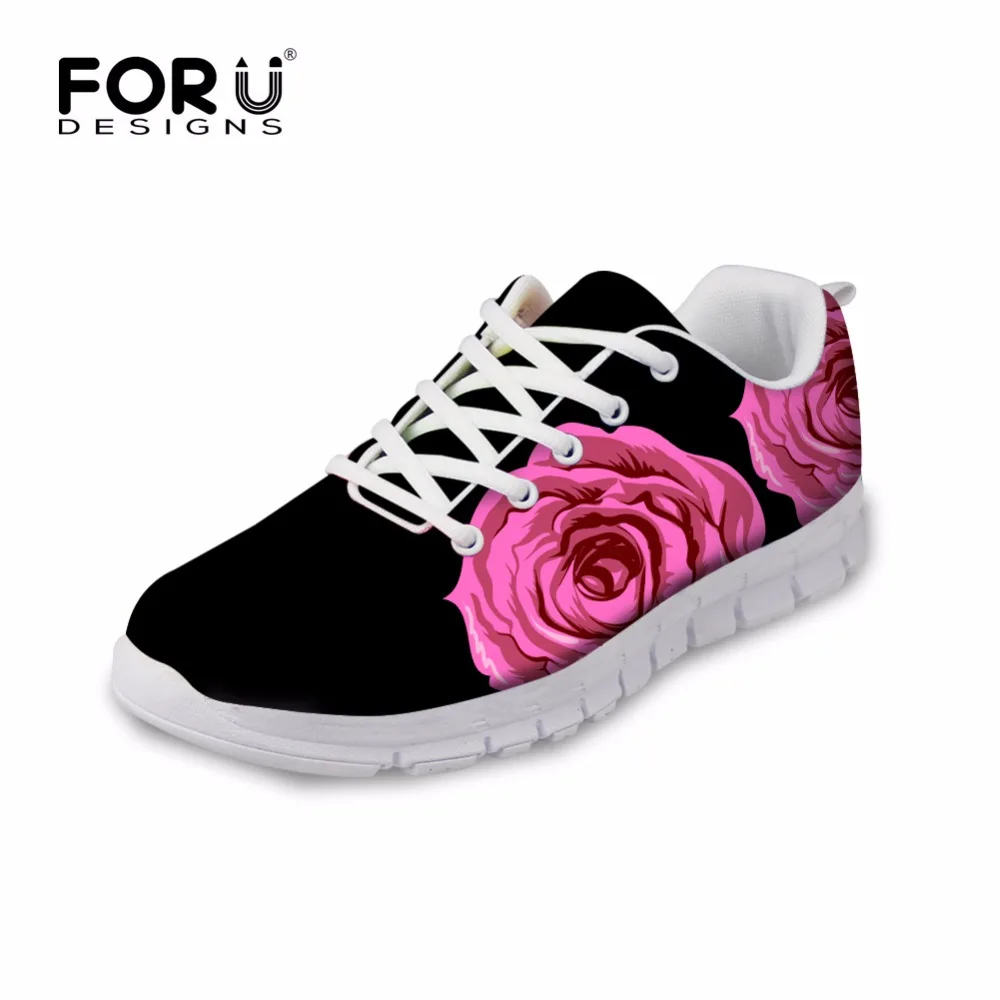 

FORUDESIGNS Black Women Spring Flats Shoes Pretty Flower Printed Women's Sneakers Shoes Woman Lightweight Mesh Shoes for Ladies