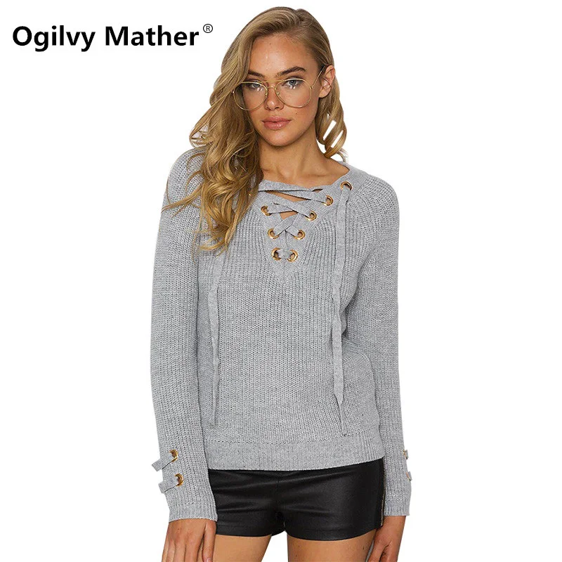 Fashion Autumn winter Female sweaters and pullovers Sexy lace-up 6 colors sweater for women V-neck lady's sweater Sweaters