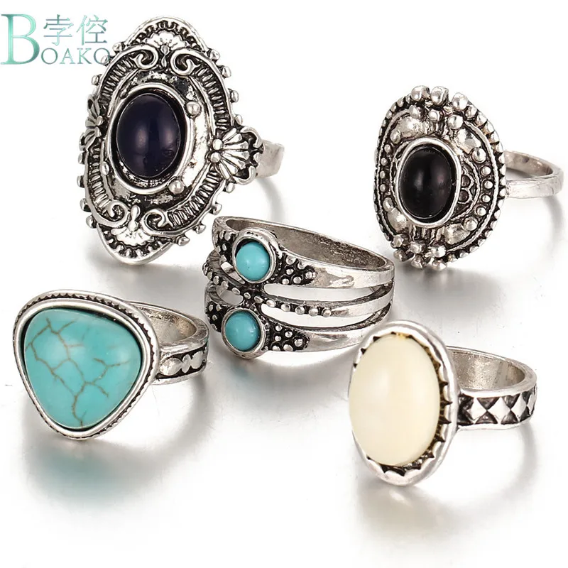 

BOAKO New Design Vintage Gem Knuckle Rings Set For Women Boho Geometric Pattern Flower Rings Party Bohemian Jewelry 5 PCS/Set