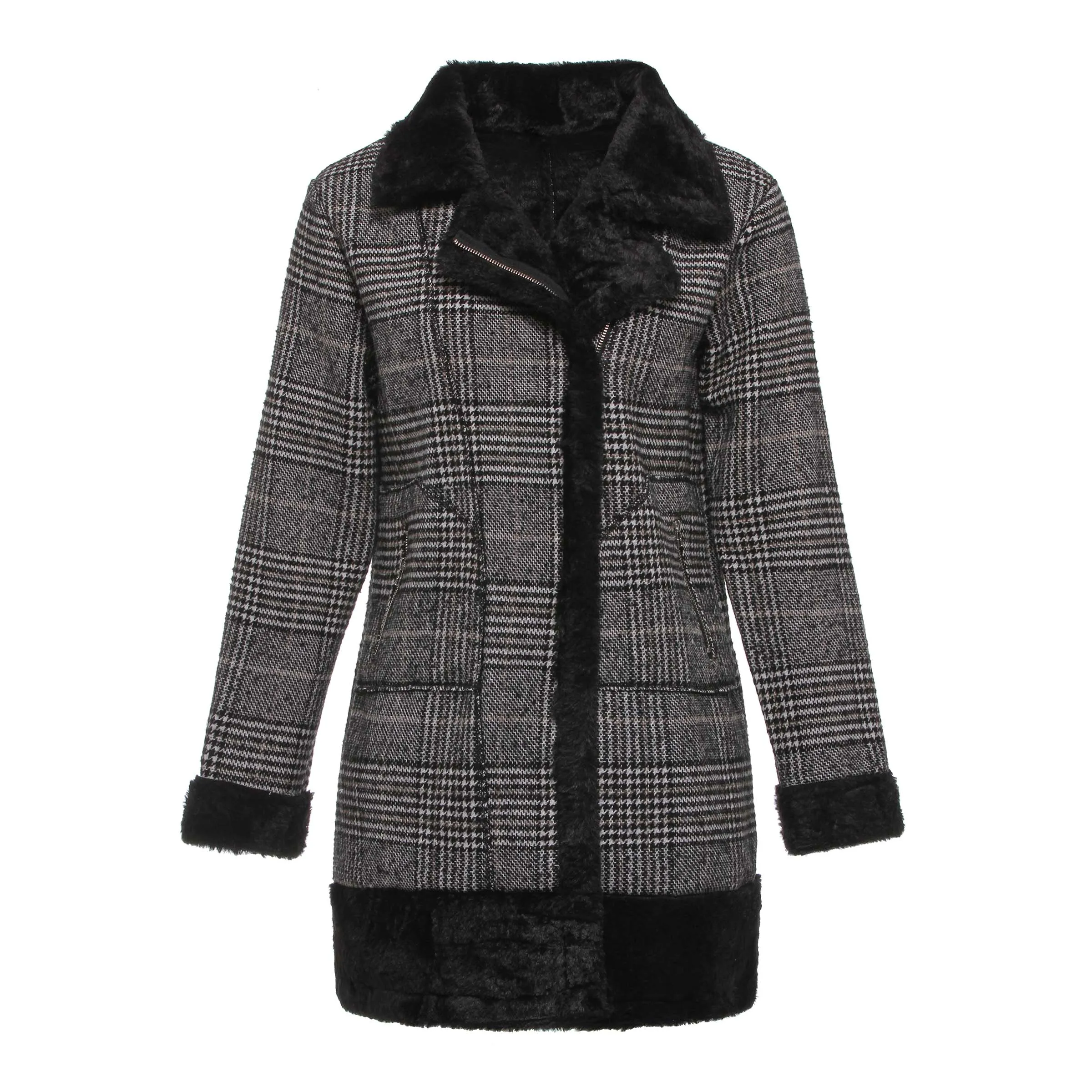 

Plaid Woolen Coat Women Winter Thicken Fleece Overcoat Korean Fashion Fake Fur Warm School Street Girl Casual Black Outerwear