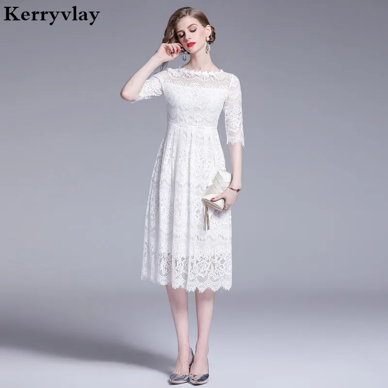 

Elegant Women Hollow White Lace Dress Vestidos Verano 2019 Summer Midi Party Dress Kleider Damen Bayan Elbise K3918