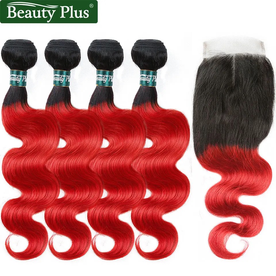 Beauty Plus Red Ombre Human Hair Bundles With Closure 2 Tone Non Remy
Hair Pre Colored 1B Red Body Wave Hair Weave And Closures