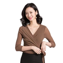 Женские топы для латинских танцев, Бальные танцы, сальса ча Румба, практическая футболка, танцевальная одежда, повседневные сетчатые приталенные Костюмные Топы