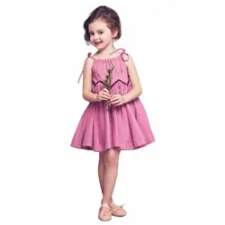 Летнее платье Детское однотонное розовое хлопковое платье без рукавов с драпировкой трапециевидной формы для девочек