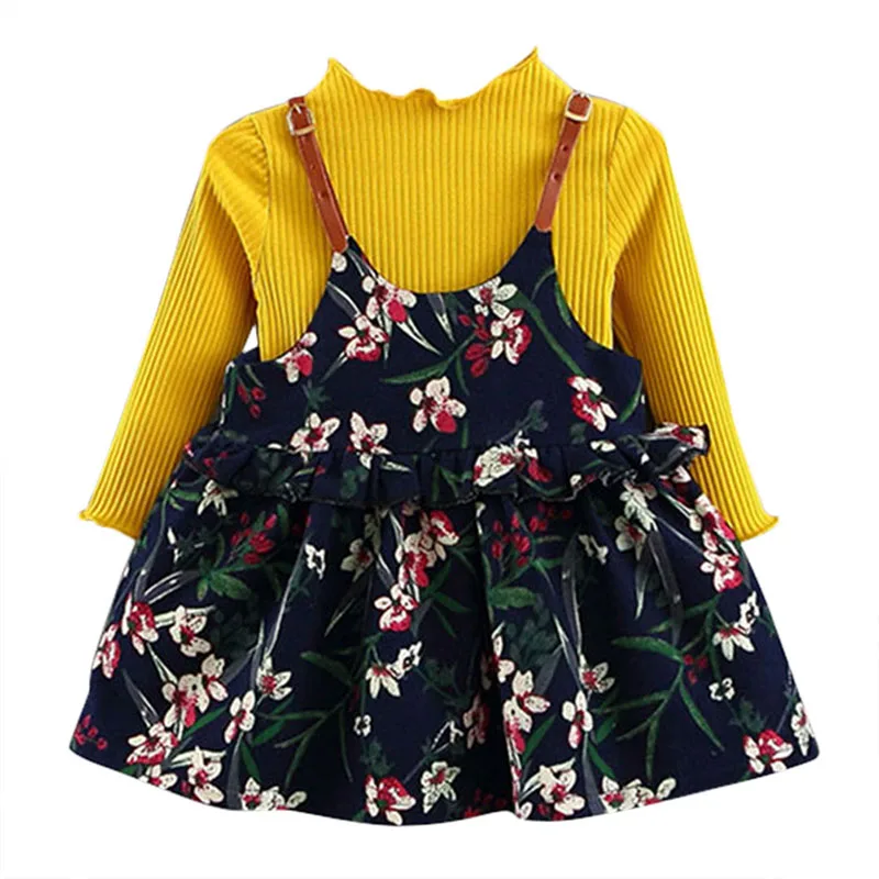 Демисезонный милый ребенок 2 шт. свитер+ цветы бретели цвета зеленый и желтое бальное платье детское платье для новорожденных