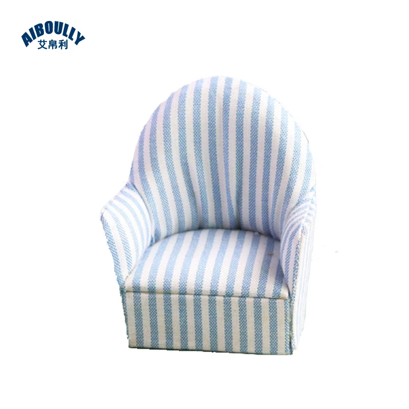 

1 Set 1:12 Dollhouse Miniature Mini Toys Blue Striped Sofa Single Soft Sofa with Pillow Cushion Dollhouse Model Accessories