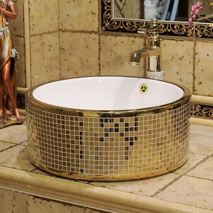 Ceramic Table basin Round art Washbasin European Toilet Basin Golden Mosaic ceramic wash bathroom sink | Обустройство дома