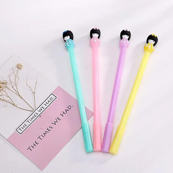 

4 Pcs Writing Pens Random Color Kawaii 3D Japanese Doll Girl Gel Pen 0.5mm Black Ink Novelty Office Stationery Cute Student