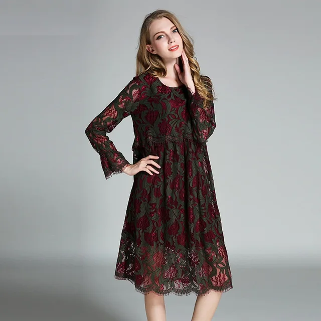 New 2017 Spring Women Plus Size Empire Lace Dress Long Sleeves New 2017 Spring Women Plus Size Empire Lace Dress Long Sleeves Elegant Loose Cute Ball Gown