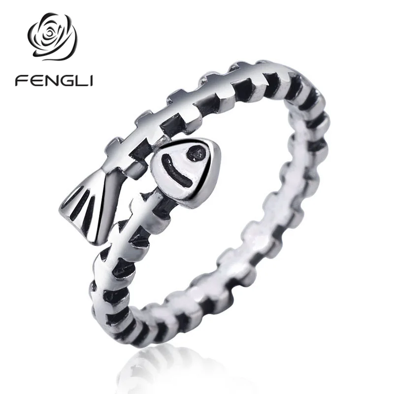 

FENGLI Classic Fish Bones Open Ring for Women Antique Silver Simple Rings Trendy Delicate Girl Finger Ring Accessories
