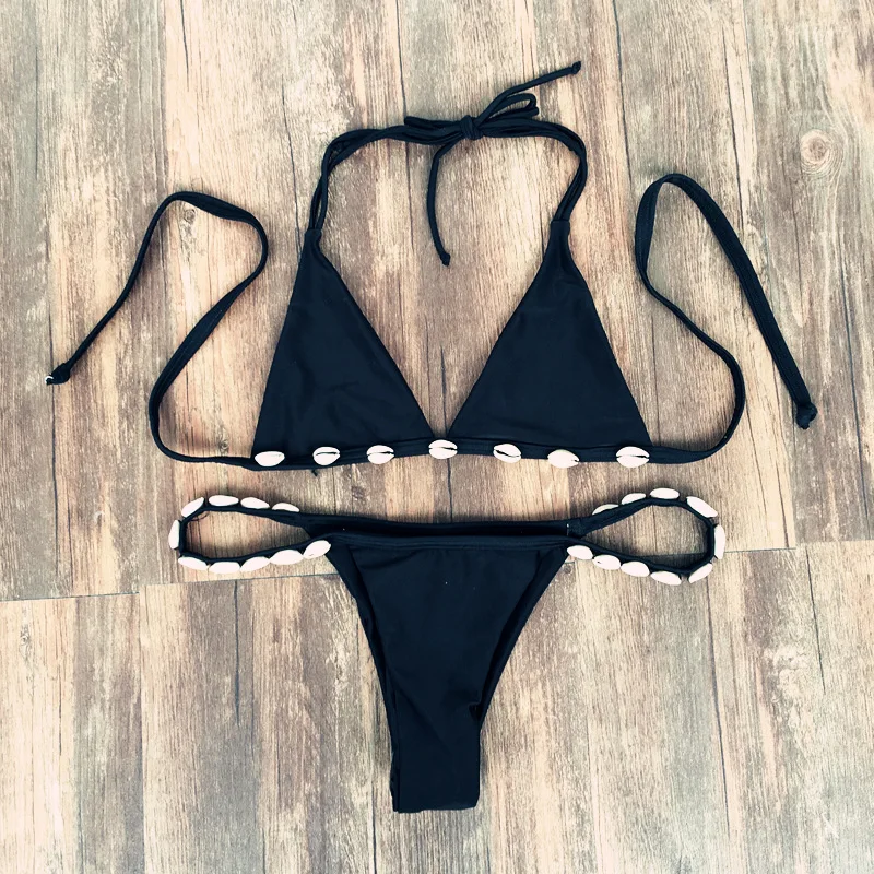 

Women Summer Bikini Black Shell Sexy Two Piece Swimwear Set