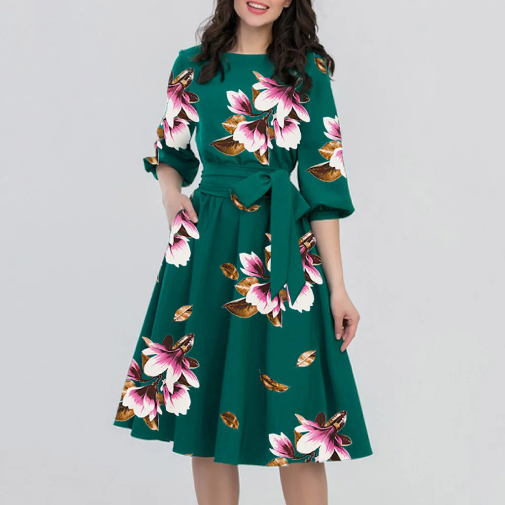 

dress women summer 2019 plus size Women Elegant Half Sleeve Pocket Sashes Knee-Length Casual Dress summer women 2019