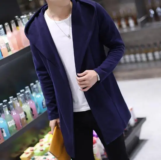 2017 New Autumn  Long Hooded Jacket Coat Men Solid Knitted Manteau Coat Male Windbreaker Open Stitch Coats Casual Mens Trench