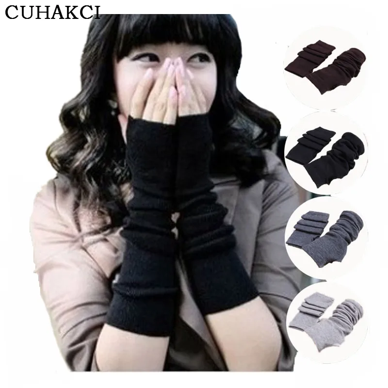 CUHAKCI, женские гетры, длинные перчатки без пальцев, одноцветные теплые варежки, вязаные защитные гетры для рук, половина пальцев, рукава, черные, серые