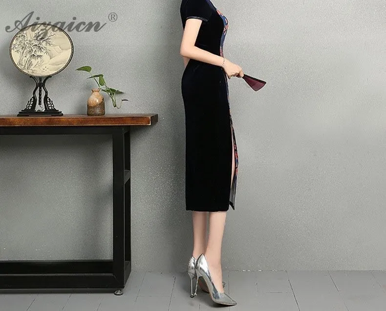 Оригинальный ретро черный длинный Cheongsam Китайский Femme элегантный тонкий Qi Pao платья китайское традиционное платье Ципао Восточный стиль