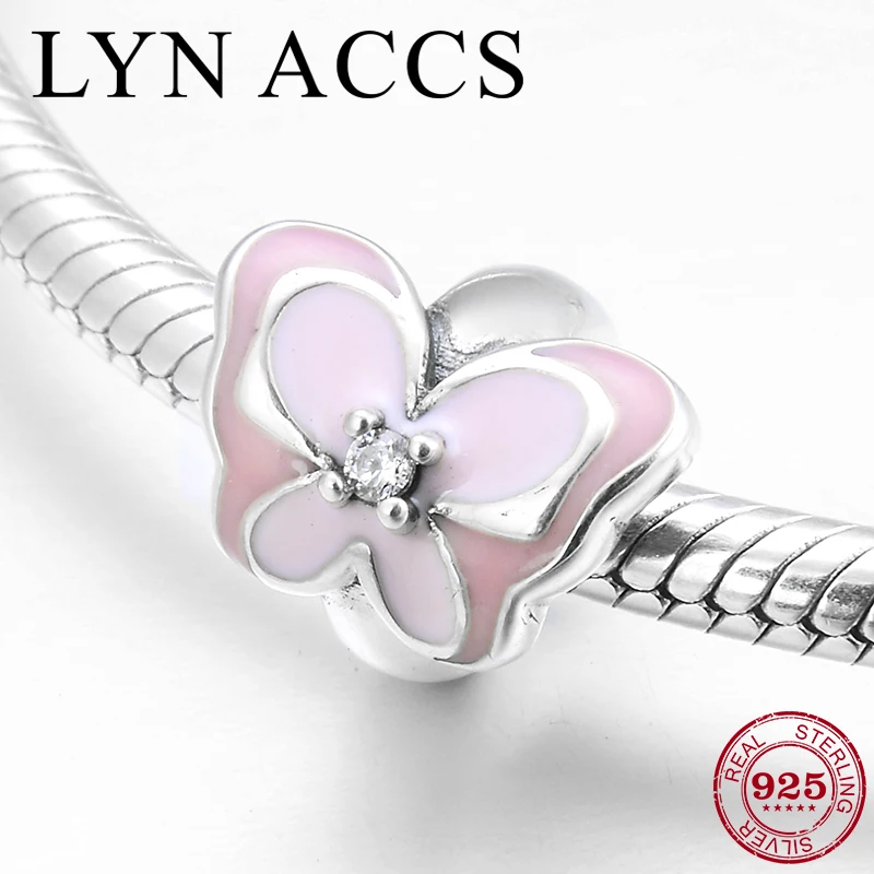 

925 Sterling Silver Pink Butterfly Shape Flower Stopper Spacer Beads for Jewelry Making fit Original Pandora Charms Bracelet