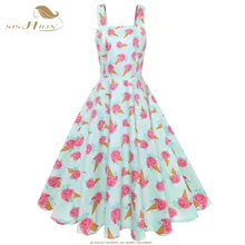 Vestido elegante a cuadros de SISHION con tirantes finos mariposa y helado de impresión Swing Mujer 50s 60s Rockabilly vestido Vintage VD0934