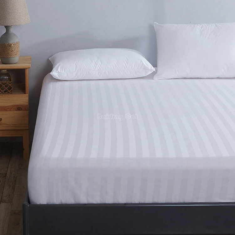 

Hotel White Stripe Fitted Sheet 1pc Polyester Fabric Mattress Cover Four Corner with Elastic Band Bed Sheet Twin Full Queen Size