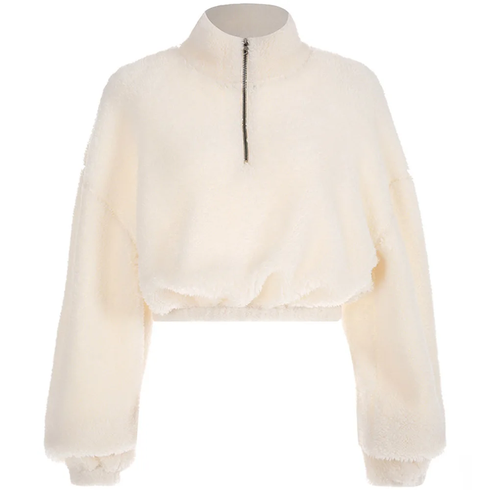 Women Coats White Jackets Long Sleeve Zipper Turtleneck Faux Lambswool Crop Tops 2019 Autumn Winter Coats and Jackets Women Tops