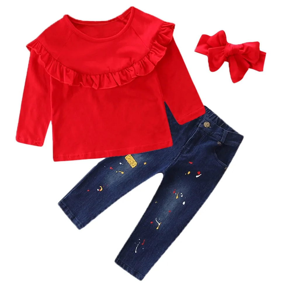 

MUQGEW Baby girl clothes 3PC 2019 Toddler Baby Girls Solid Tops Print Jeans Denim Pants girls clothes Outfits Set Dropshipping