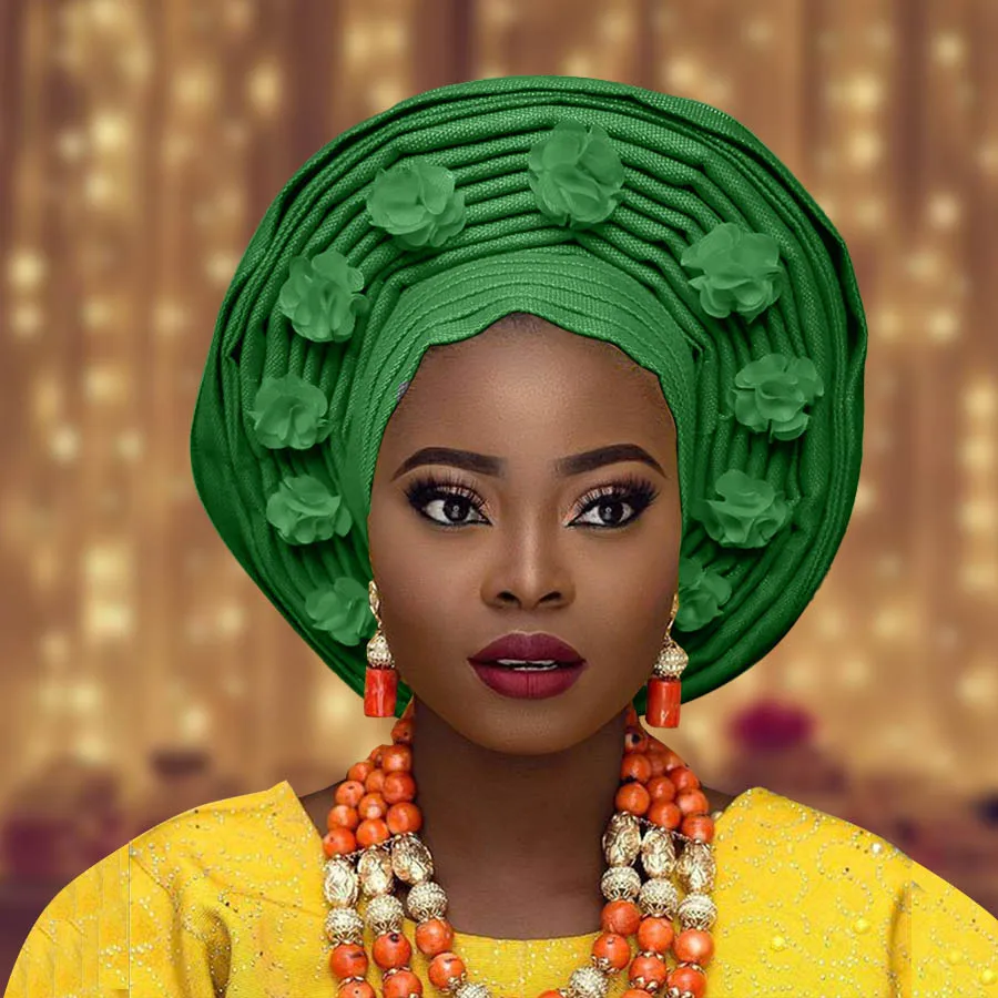 Африканский aso oke Авто геле для женщин с цветком нигерийский aso ebi головной убор для свадьбы